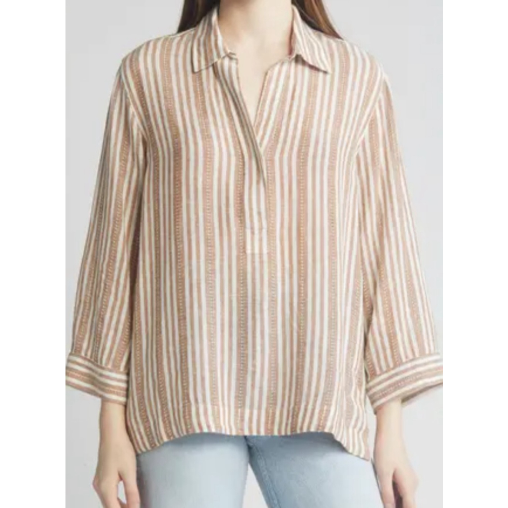 Rails Shirt Womens Small White Beige Stripe Popover Linen Blend Lightweight